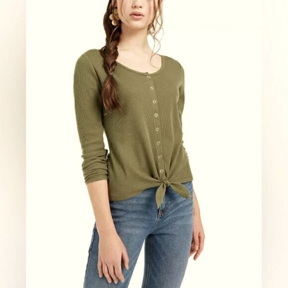 Ultra Flirt Juniors' Tie-Hem Thermal Top Sz Lg - Picture 1 of 13